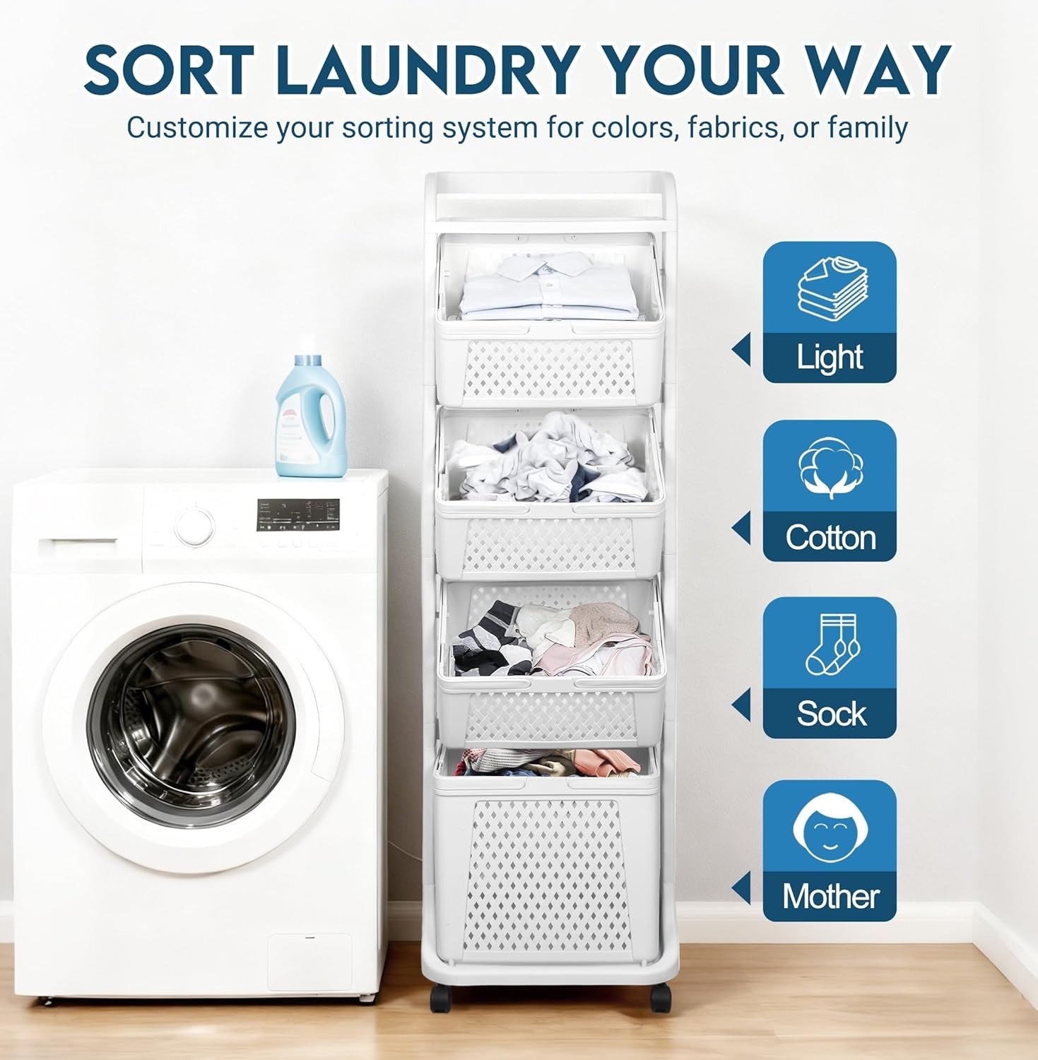 4 Tier Laundry Basket with Wheels 92L – Tall Slim Laundry Sorter with Movable Ba
