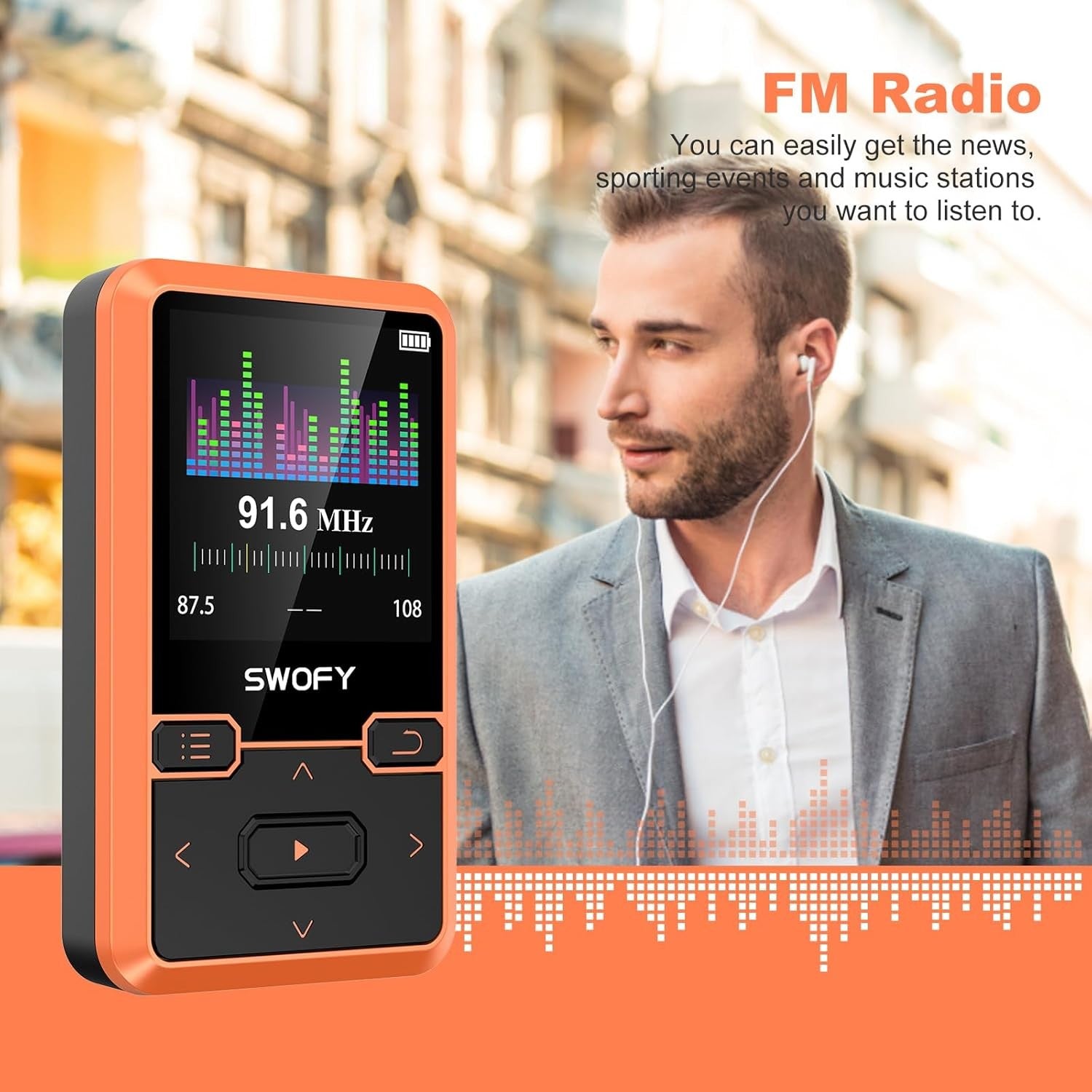 32GB Clip MP3 Player Bluetooth 5.0 FM Radio Pedometer Orange