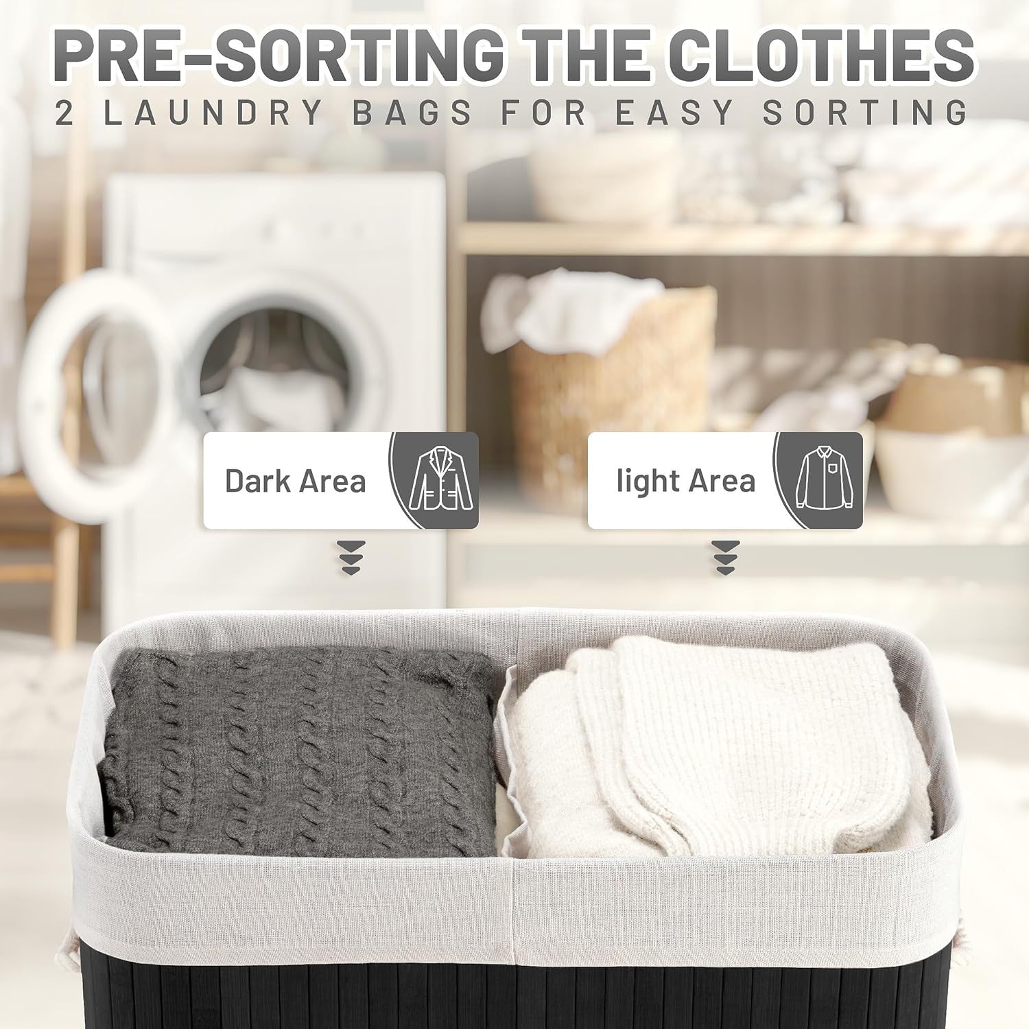 100L Bamboo Laundry Hamper with Lid 2-Section Foldable Clothes Basket Black