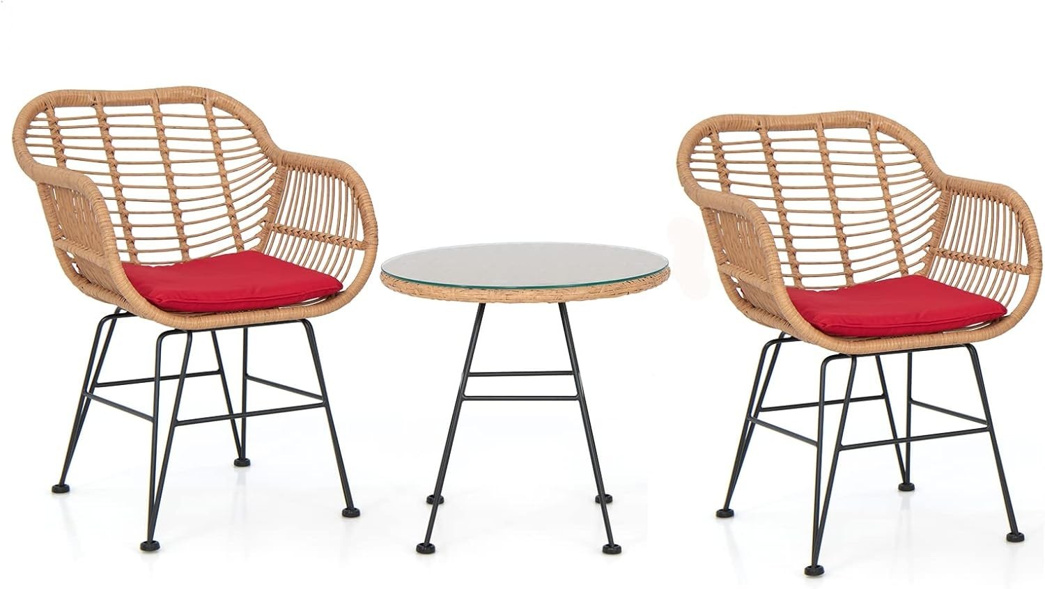 3 Piece Rattan Bistro Set Outdoor Patio Chairs with Glass Table & Cushions