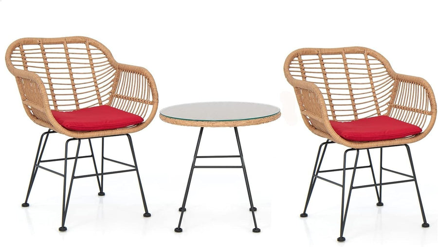 3 Piece Rattan Bistro Set Outdoor Patio Chairs with Glass Table & Cushions