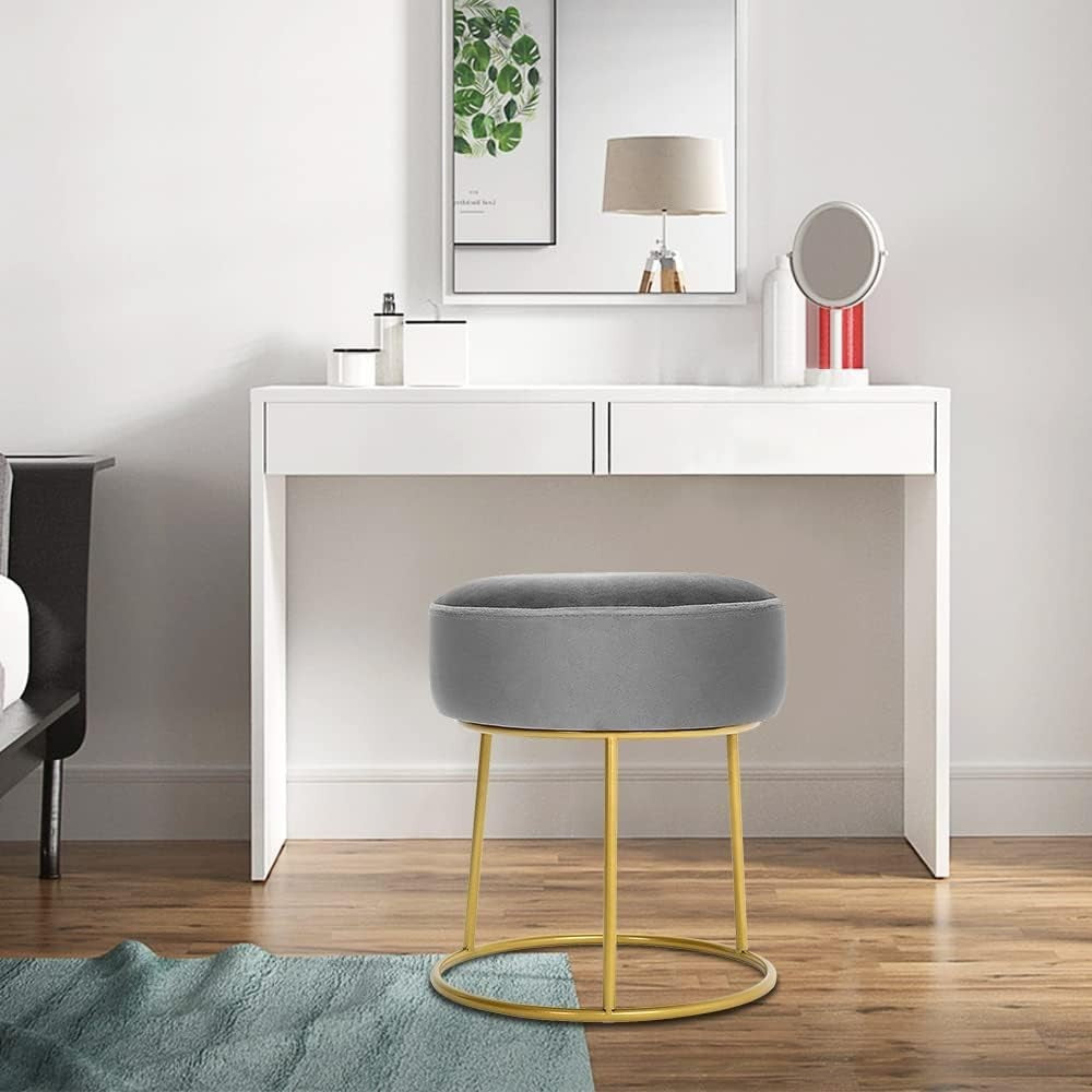 Grey Velvet Round Dressing Table Stool Ottoman Footrest with Metal Base