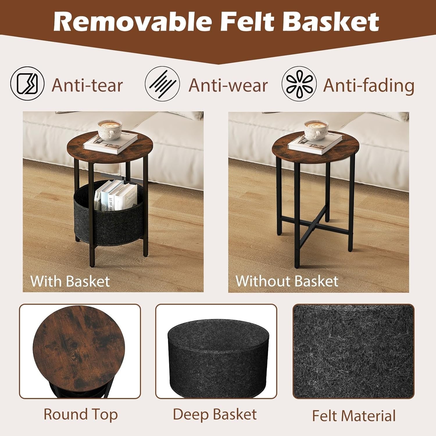 Round Rustic Bedside Table with Fabric Storage Basket & Metal Frame – 2-Tier Sid