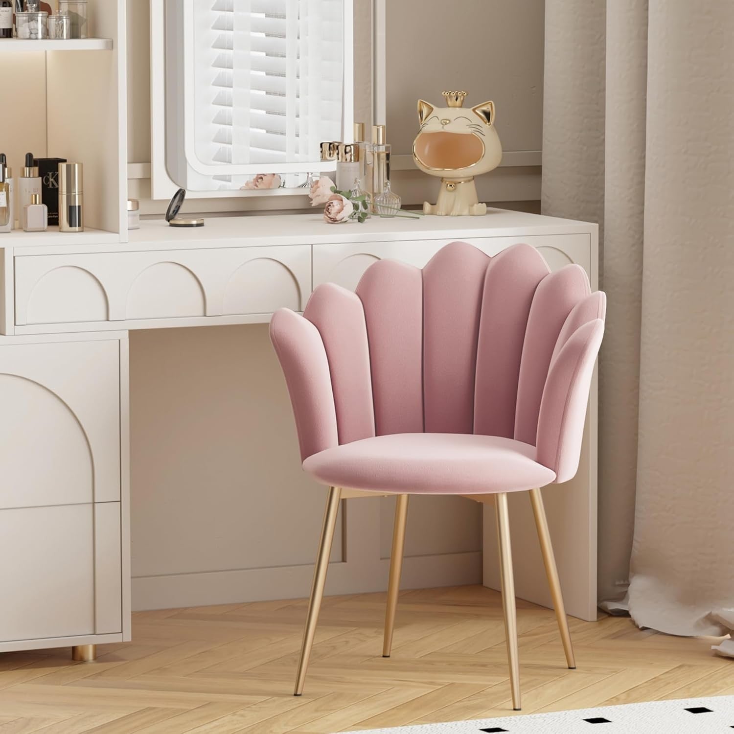 Velvet Vanity Chair Scallop Shell Back Gold Metal Legs Pink