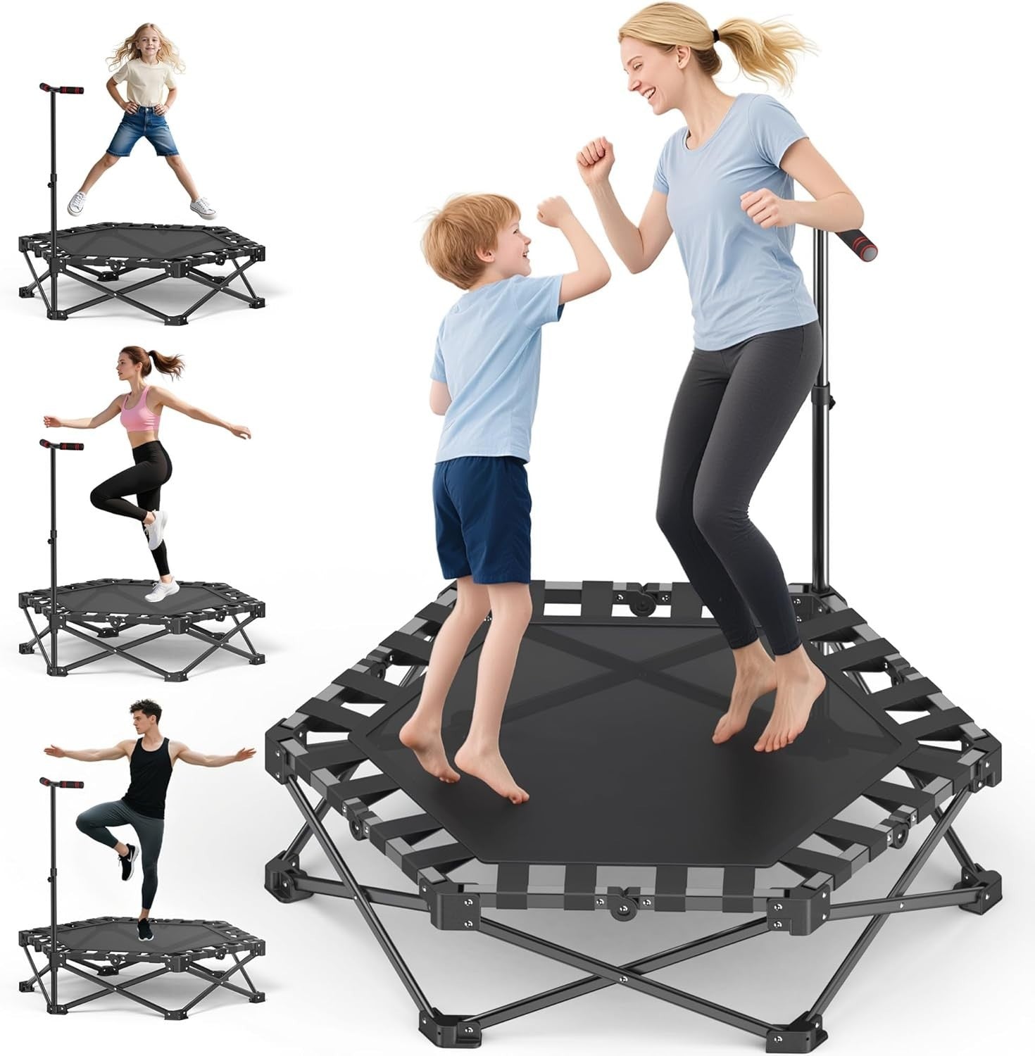 Foldable Mini Trampoline Kids Adults Indoor Fitness Rebounder Handle 110cm