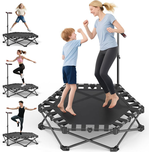 Foldable Mini Trampoline Kids Adults Indoor Fitness Rebounder Handle 110cm