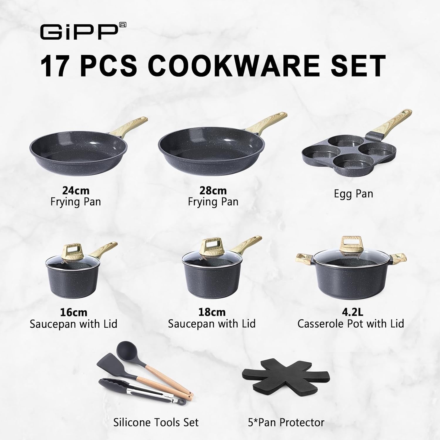 17pcs Grey Granite Non Stick Induction Safe Cookware Set Ceramic Pots Pans