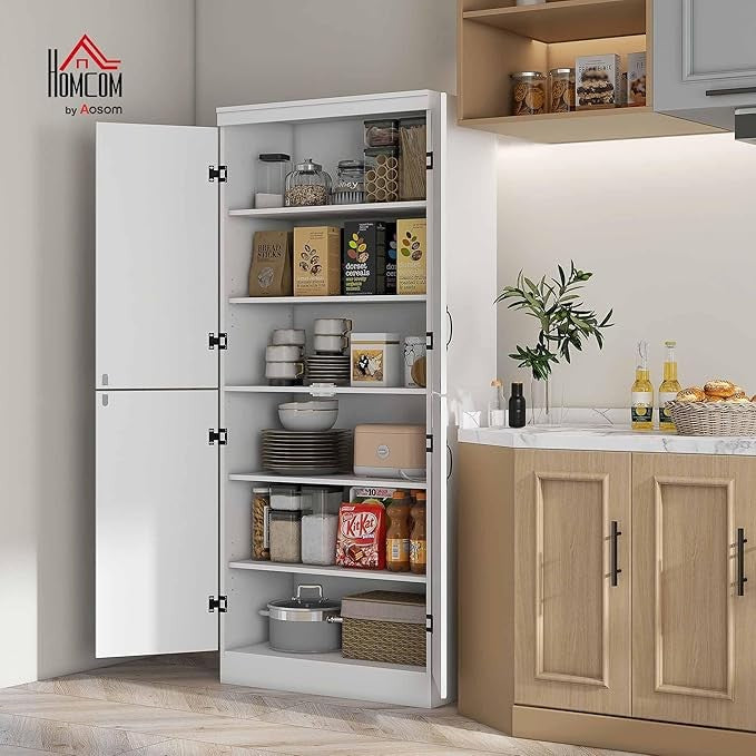 Tall White Kitchen Storage Cabinet with 4 Doors & Adjustable Shelves 176x40x60cm