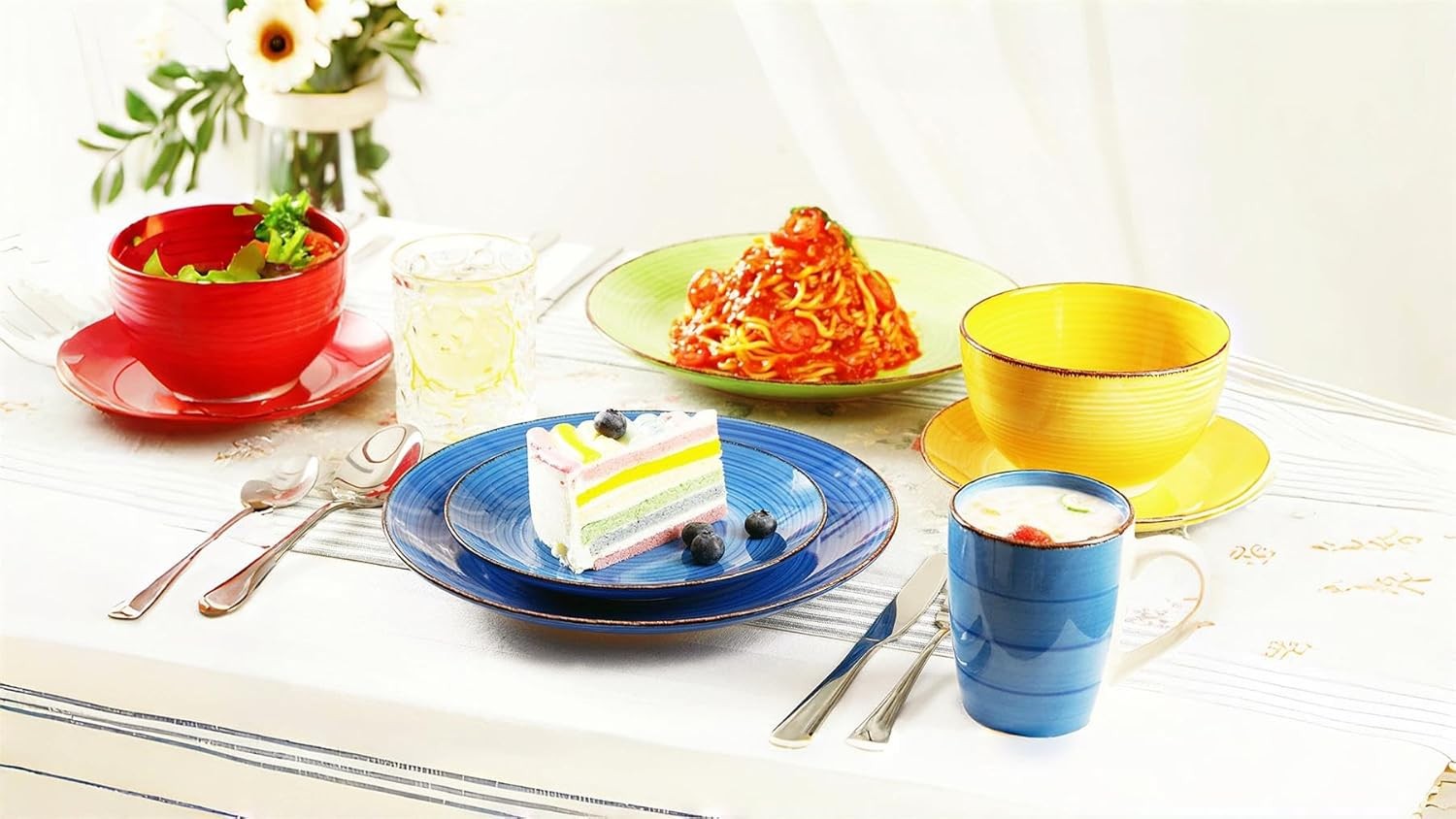 16pc Colourful Dinner Set Plates Bowls Mugs Hand Painted Stoneware Set