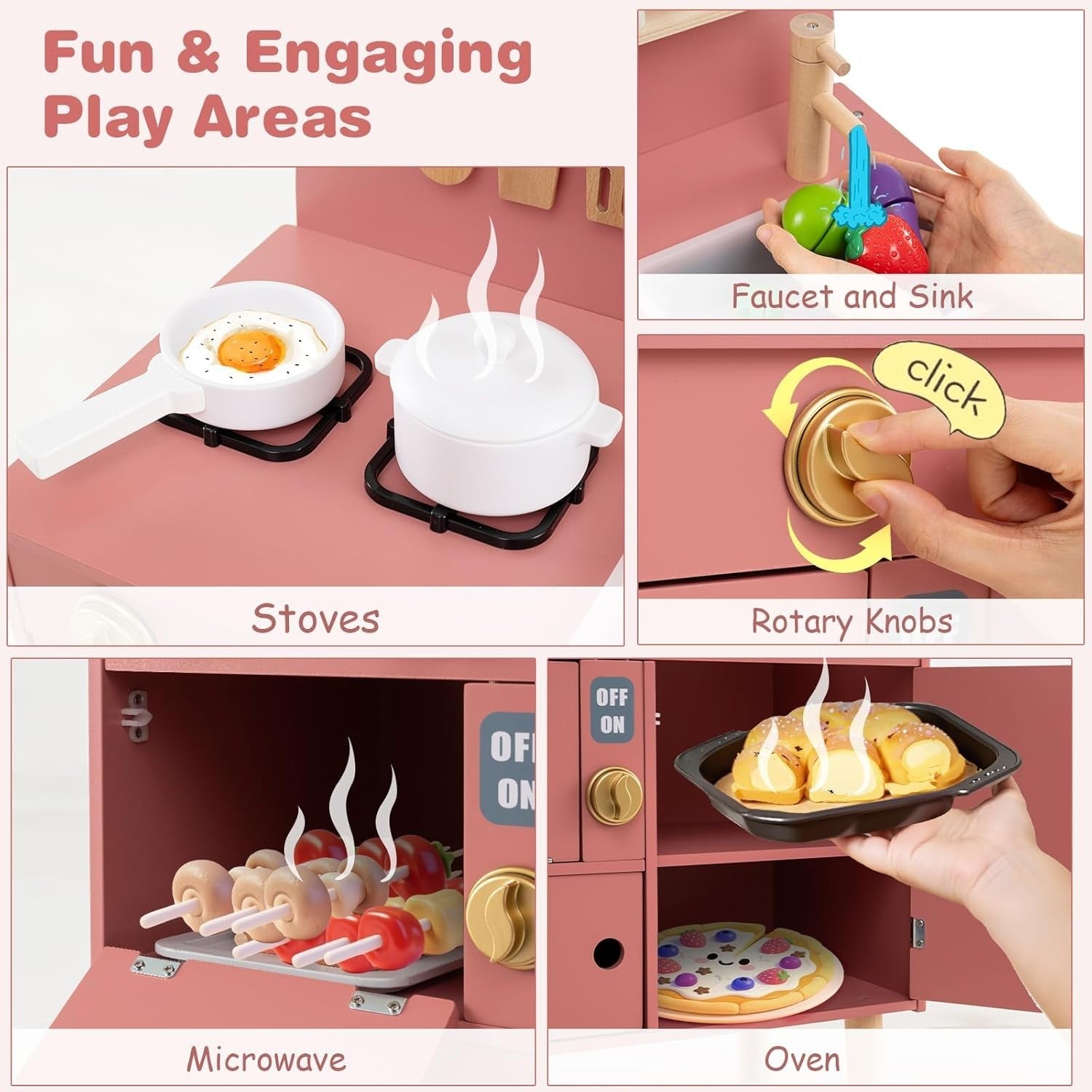 Kids Wooden Play Kitchen Pink Pretend Cooking Toy Set Accessories