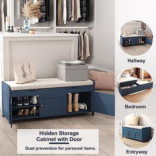 Blue Shoe Storage Bench with Cushion Seat 3-Door Cabinet & Hidden Compartment