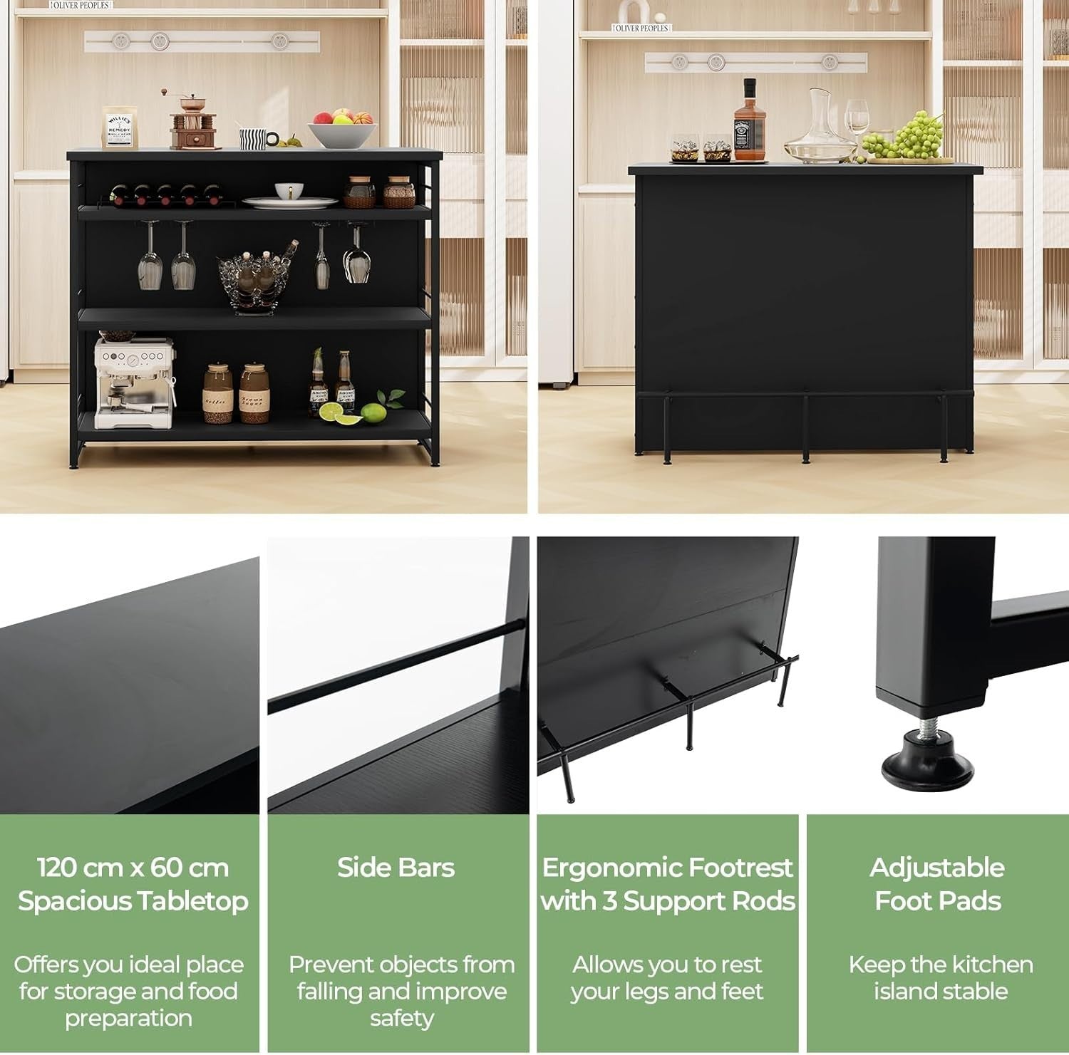 2-in-1 Kitchen Island & Home Bar Table with Wine Rack, Black 60x120x101cm