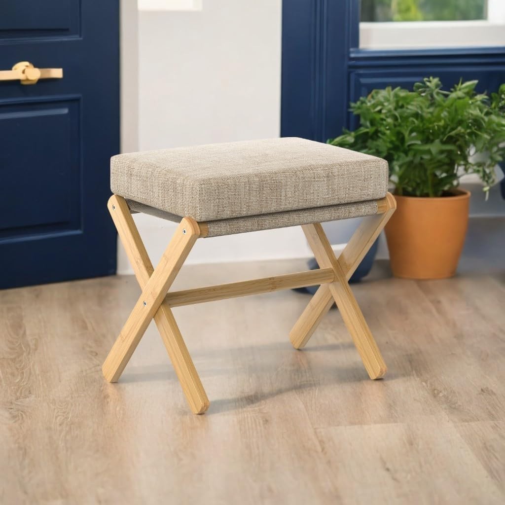 Natural Bamboo Foldable Footstool with Brown Chenille Cushion & X-Leg Design