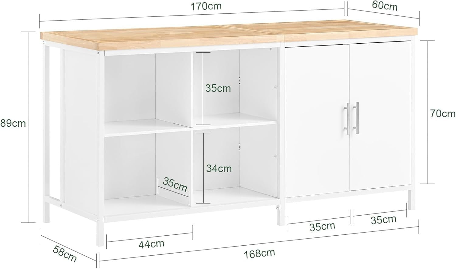 Kitchen Island Storage Cupboard with Adjustable Shelves & Large Worktop, White