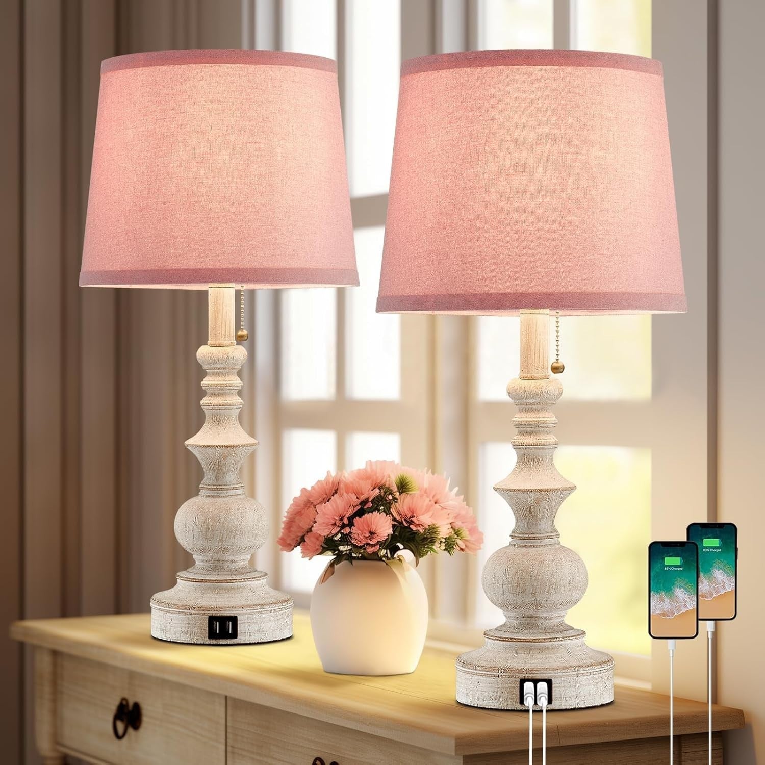 Pink Farmhouse Table Lamps Set of 2 with USB, 22" Tall, Perfect for Girls