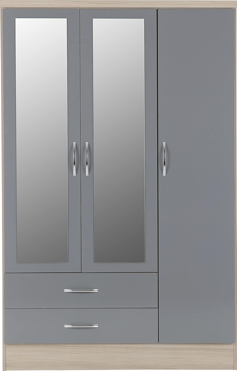 3 Door 2 Drawer Wardrobe Grey Gloss & Light Oak Effect Mirror Storage Unit