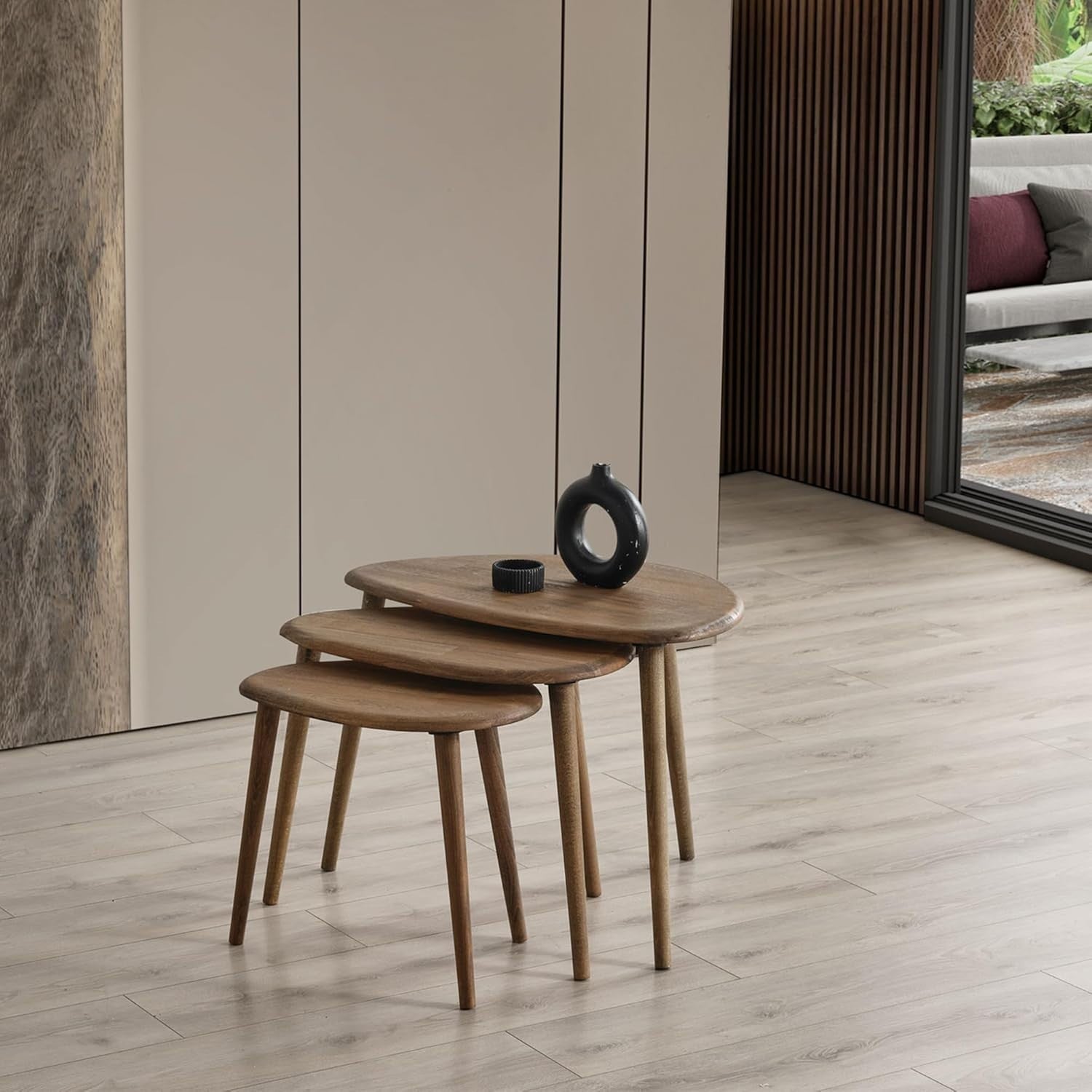 3 Pcs Nesting Coffee Table Set Mid-Century Modern Wood Walnut Oval Side End