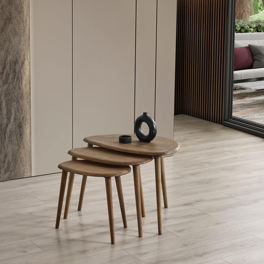 3 Pcs Nesting Coffee Table Set Mid-Century Modern Wood Walnut Oval Side End