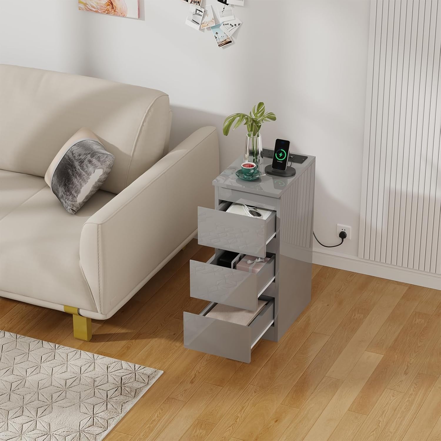 Grey Charging Bedside Table with USB Ports, Slim 3-Drawer Narrow Nightstand