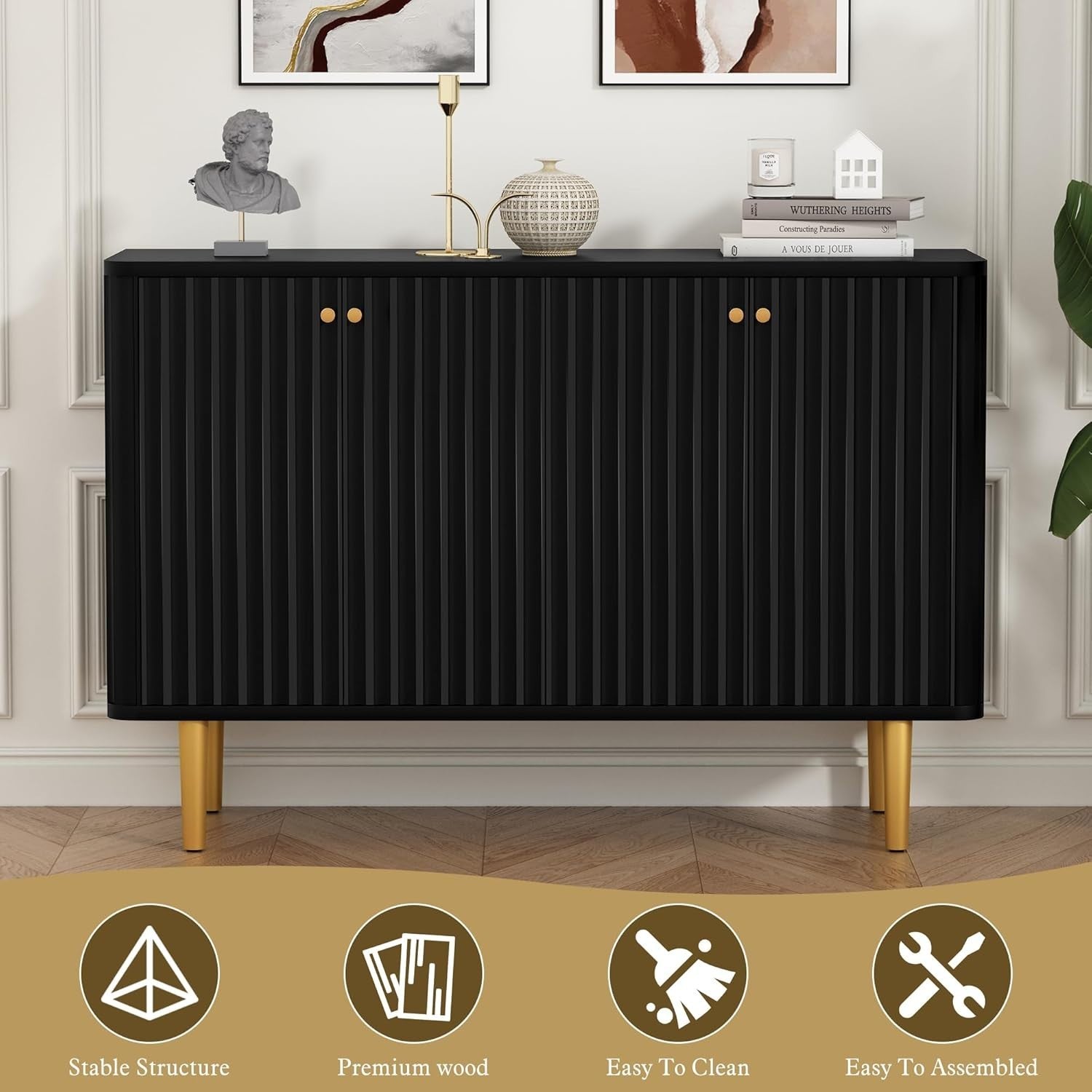 Modern 4-Door Buffet Sideboard Cabinet with Gold Accents & Ample Storage