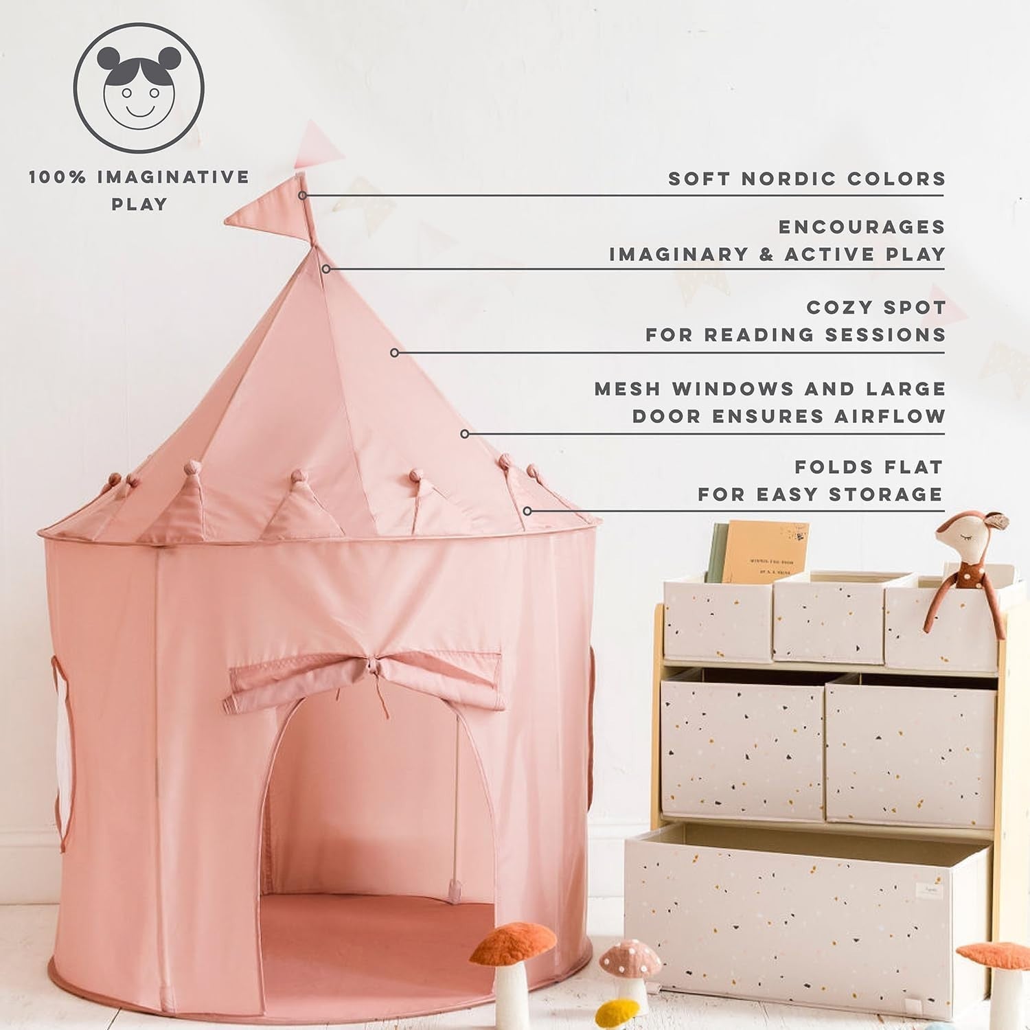 Pink Kids Indoor Play Tent Pop Up Castle House Recycled Fabric