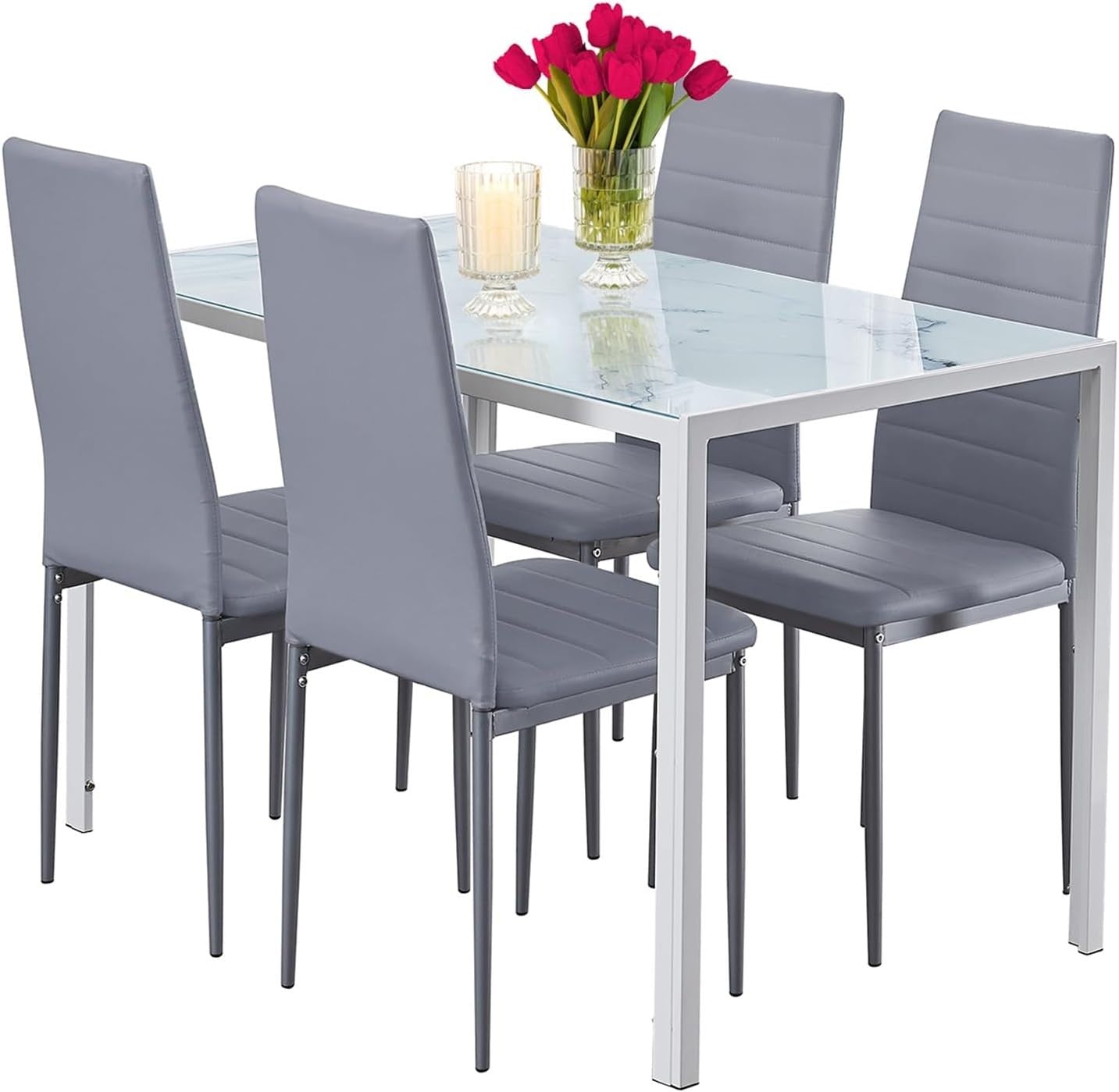 5PC White Marble Effect Glass Dining Set with Grey Faux Leather Chairs