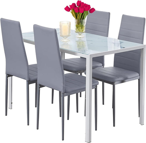 5PC White Marble Effect Glass Dining Set with Grey Faux Leather Chairs