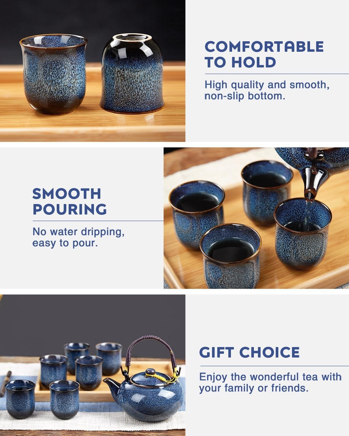 Japanese Porcelain Tea Set for 6 Blue Glaze Teapot Cups Bamboo Tray