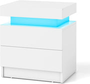 White LED Bedside Table with 2 Drawers, High Gloss Finish & Remote Control Light