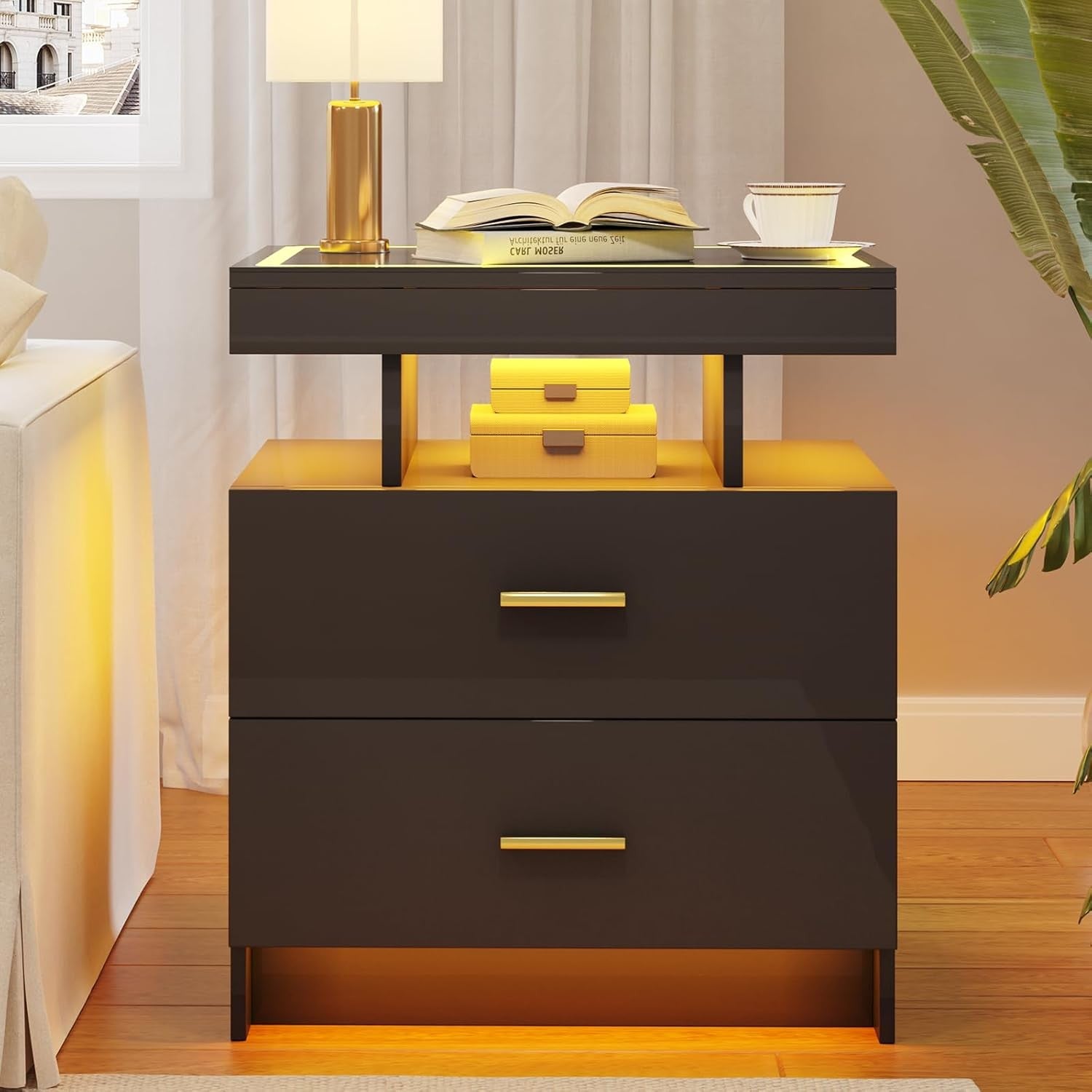 Set of 2 Black LED Bedside Tables with Wireless Charging, Glass Top & Drawers