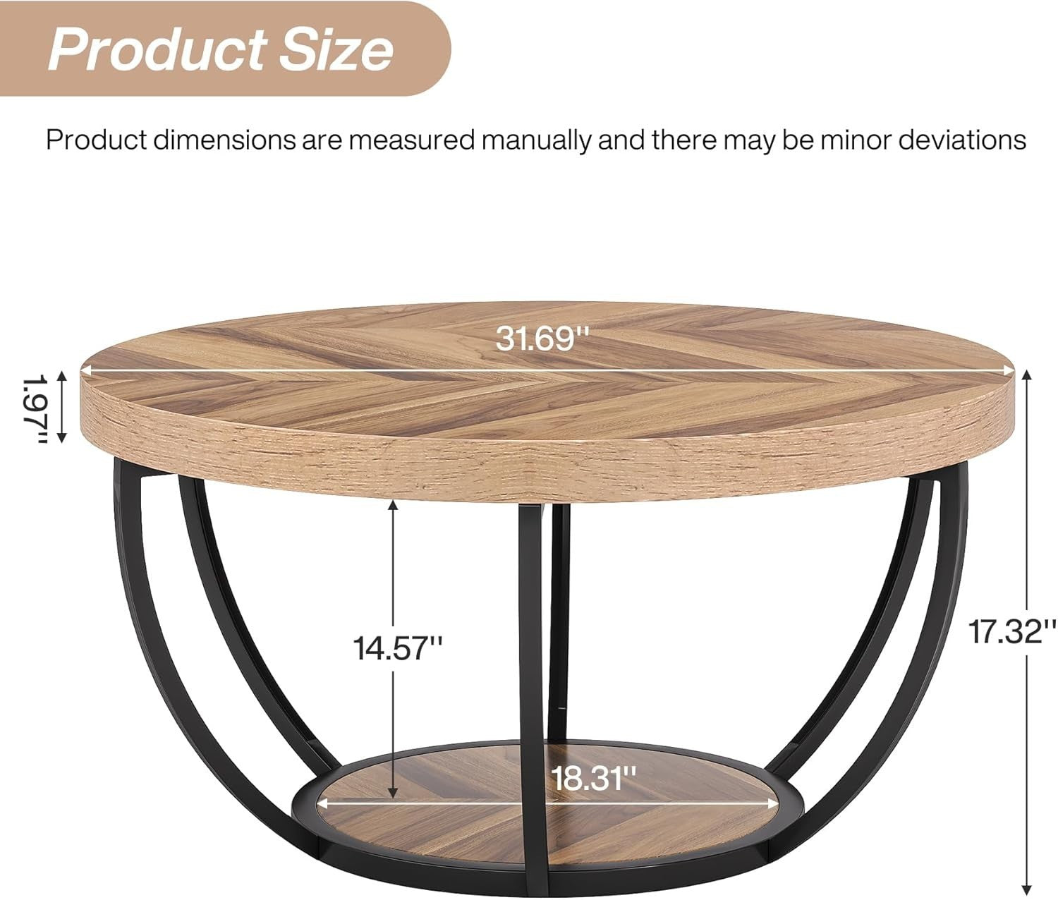 Round 2-Tier Coffee Table with Storage Shelves, Wooden Grain, 80x45cm