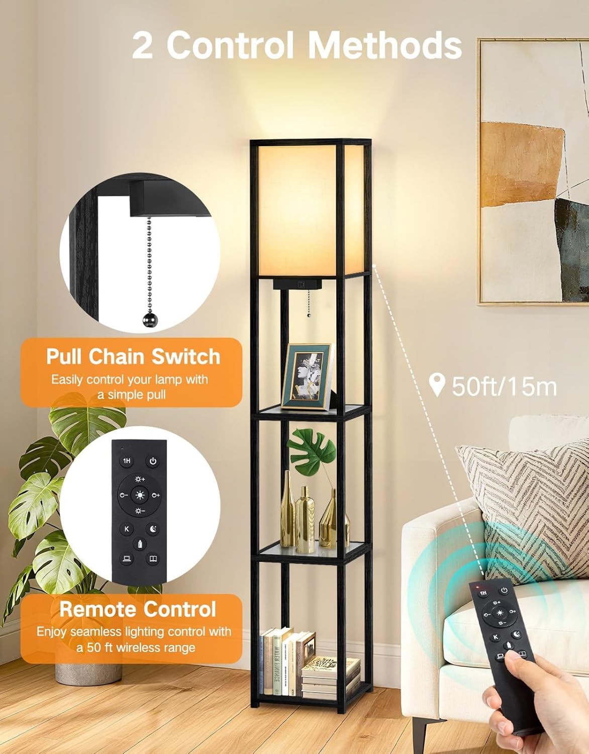 Floor Lamp with Shelves LED Dimmable Remote USB Storage Column Light Black