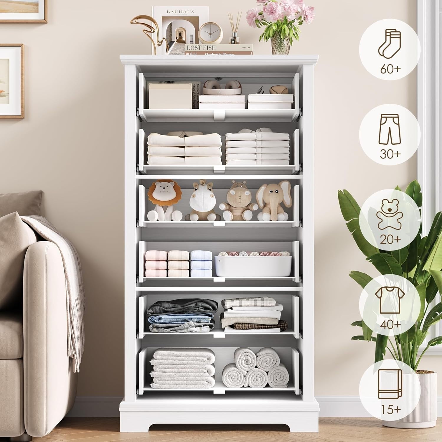 Tall White Chest of Drawers 6 Drawer Storage Cabinet for Bedroom 131cm