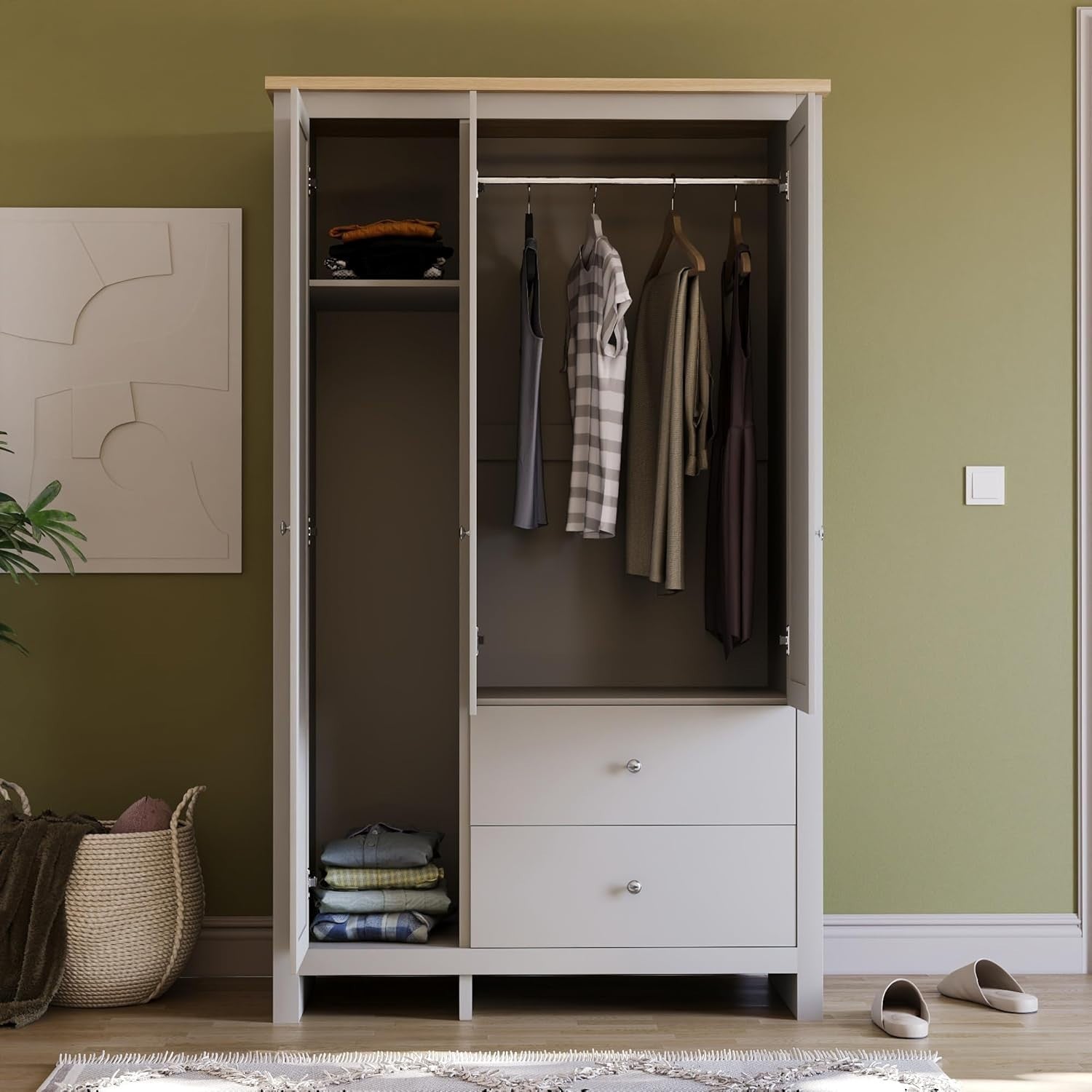 3 Door Grey Wardrobe with Drawers & Clothes Rail - Bedroom Storage Unit