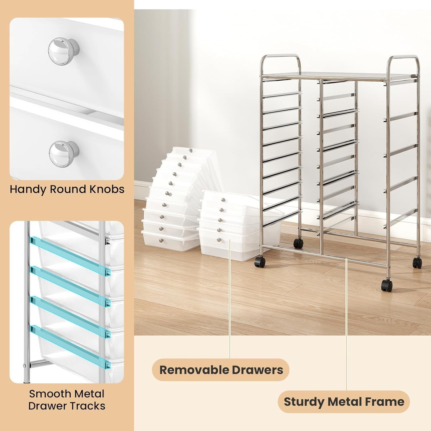 15 Drawer Rolling Storage Trolley Clear Mobile Organizer Cart Wheels