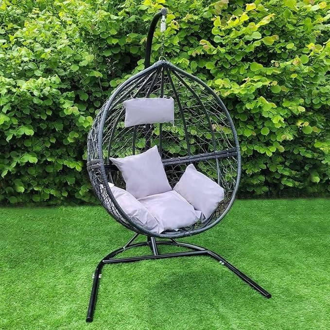 Hanging Egg Chair with Stand & Cushions Black Rattan Swing Indoor Outdoor