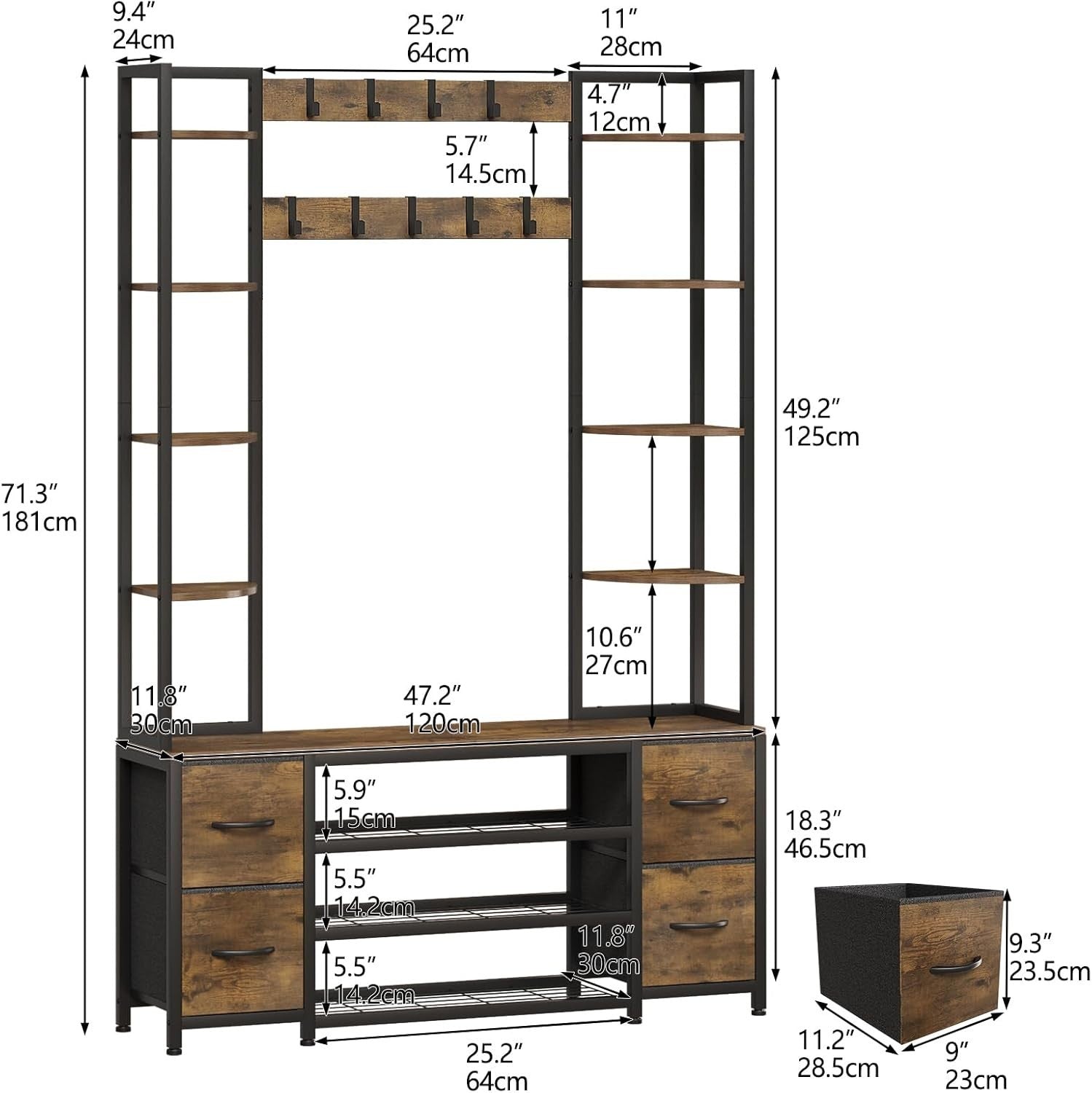 Large 5-in-1 Hall Tree Bench Coat Rack Shoe Storage Drawers Shelves 120x180cm