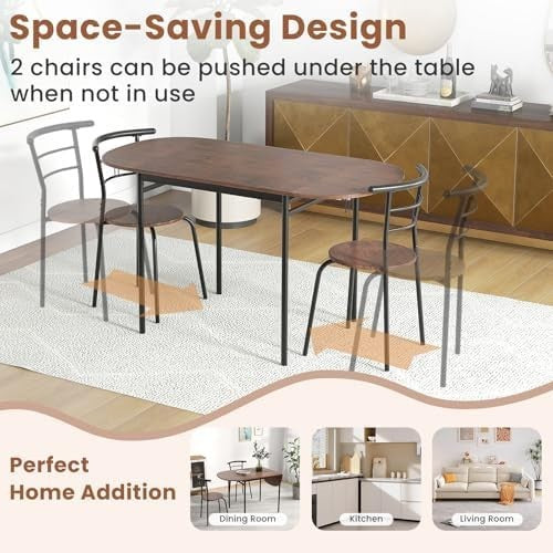 3PCS Folding Dining Table Set Rustic Brown Drop Leaf Chairs Space-Saving