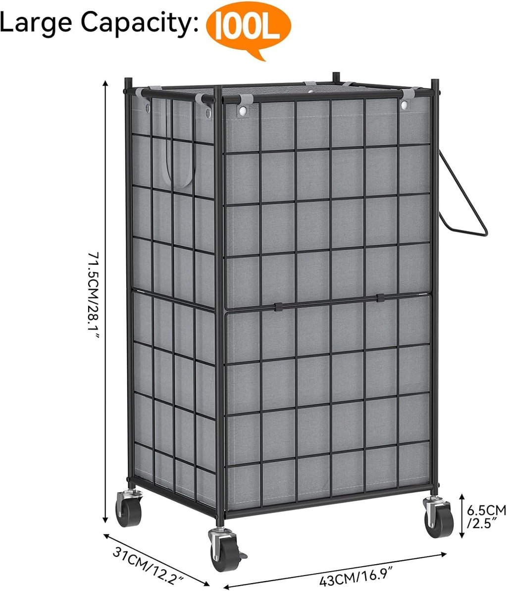 100L Rolling Laundry Hamper Grey Metal Frame with Wheels & Removable Bag