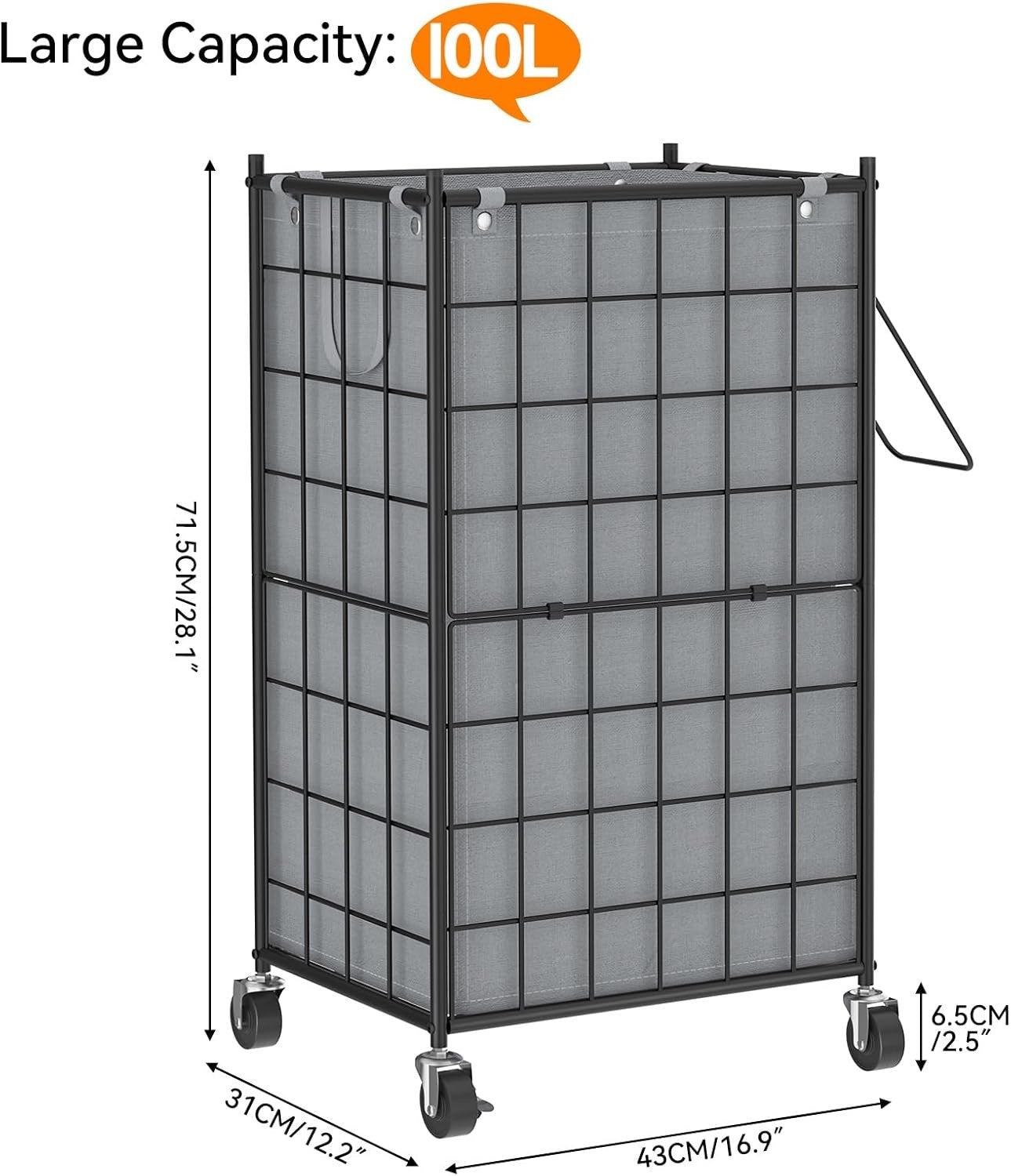 100L Rolling Laundry Hamper Grey Metal Frame with Wheels & Removable Bag