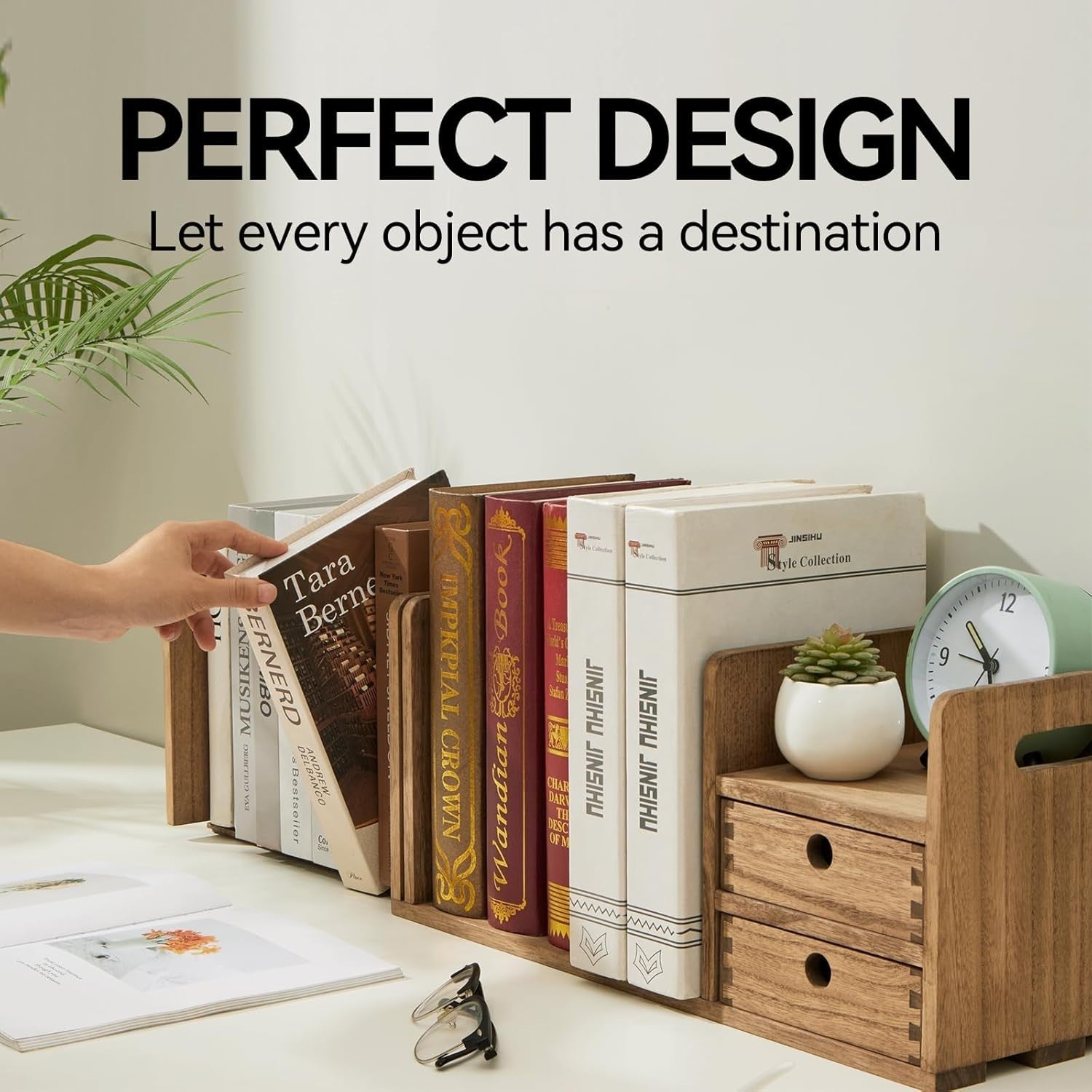 Expandable Wooden Desktop Bookshelf with Drawers – Adjustable Organiser