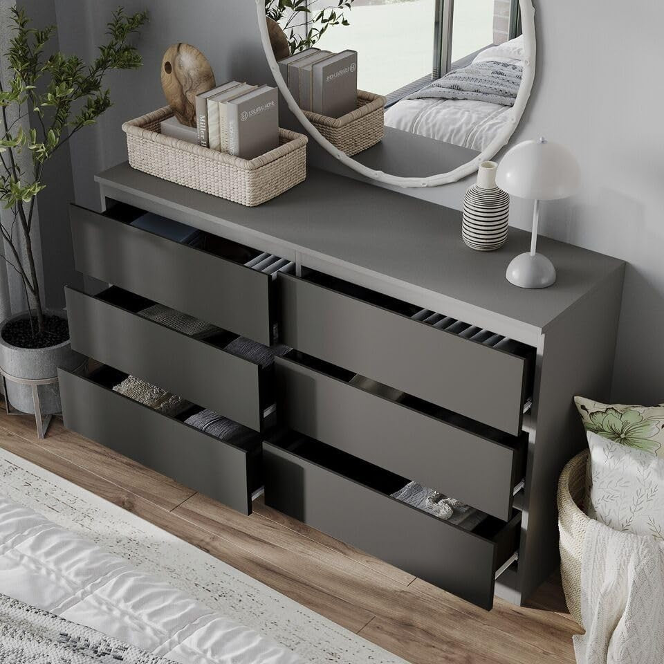 Modern 6 Drawer Chest Grey Black Storage Cabinet for Bedroom Office