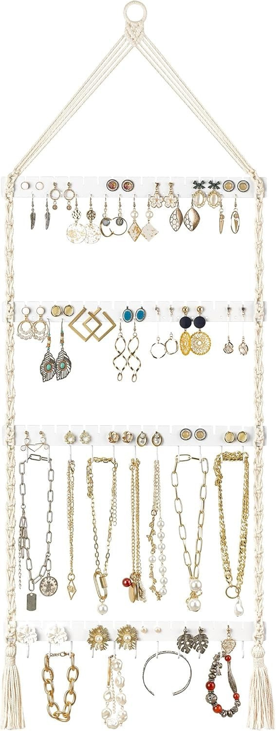 Boho Macrame Jewelry Organizer – Wall Mounted Necklace & Earring Rack