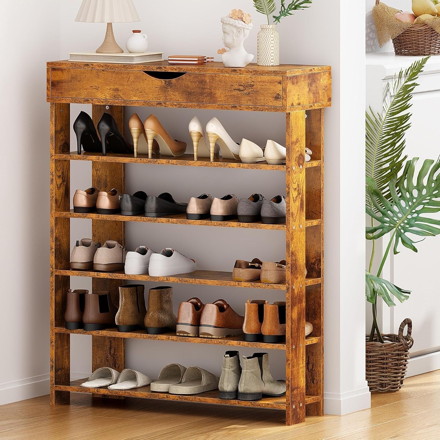 5-Tier Wooden Shoe Rack with Drawer, Space-Saving Storage Shelf 75x30x94cm