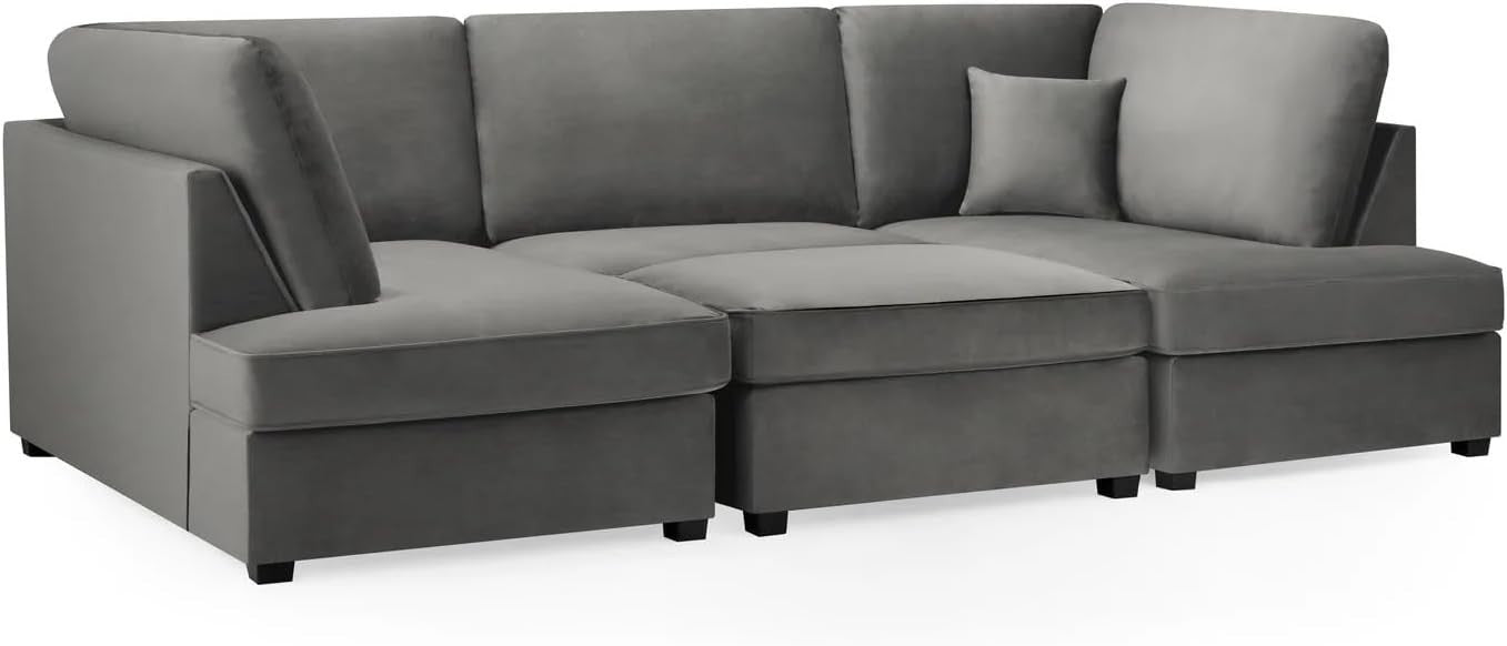 4PC U Shape Sofa with Footstool – Grey Plush  Sectional – 5/6 Seater Modular.
