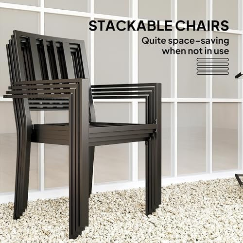 5 Piece Garden Dining Set Patio Table 4 Stackable Chairs Cushions Black