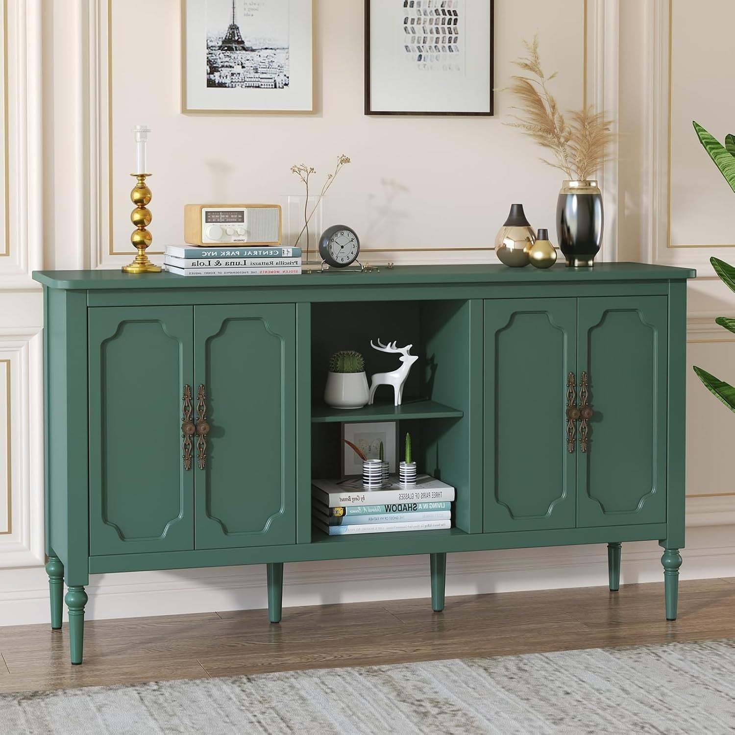 Green Wood Sideboard Cabinet 4 Door Gold Accent Buffet Storage Unit
