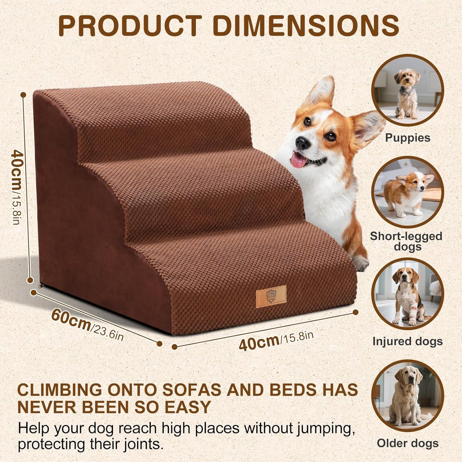 Grey 3 Step Dog Stairs Non Slip Foam Ramp 57x40x40cm