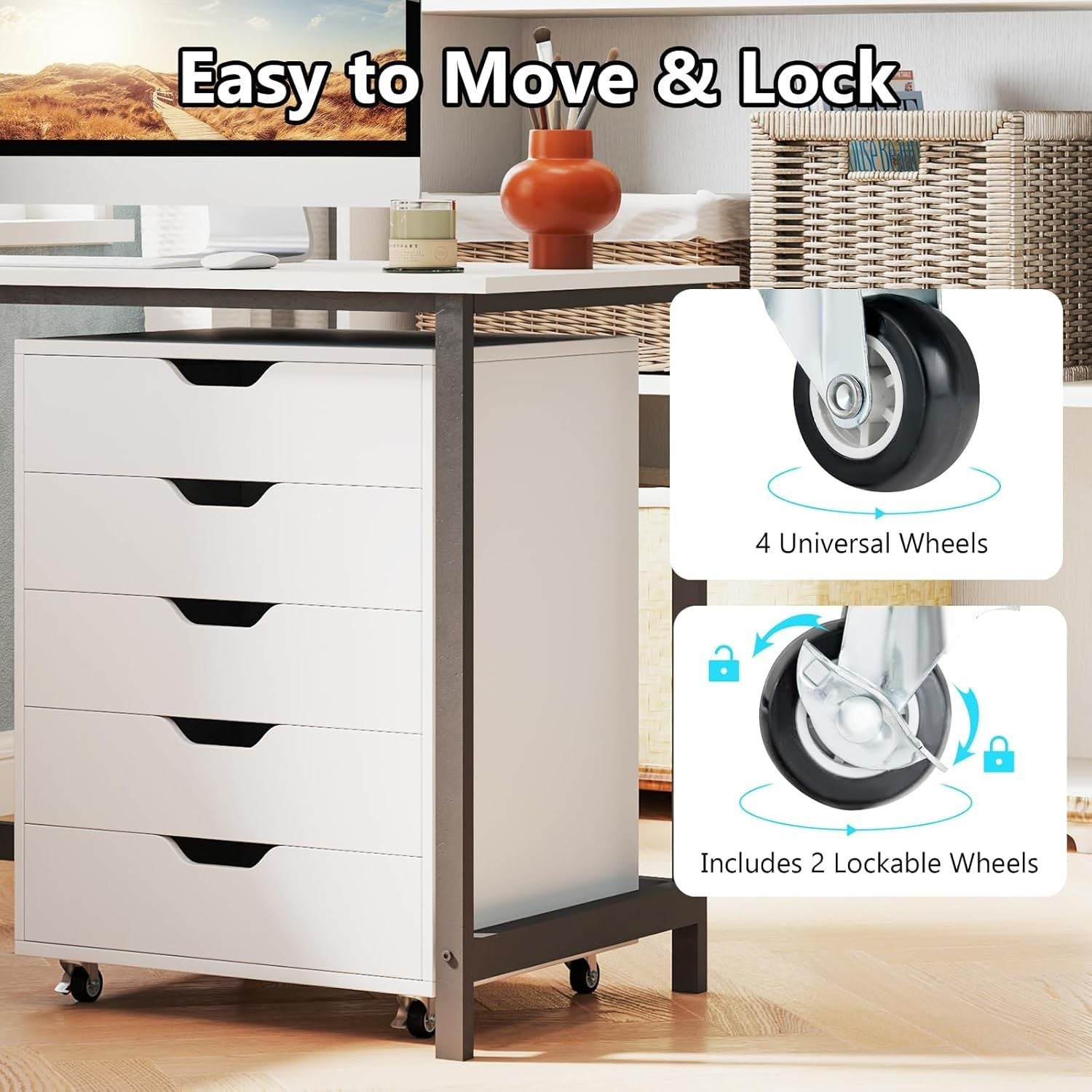 5 Drawer Mobile File Cabinet Rolling Under Desk Storage Lockable Wheels