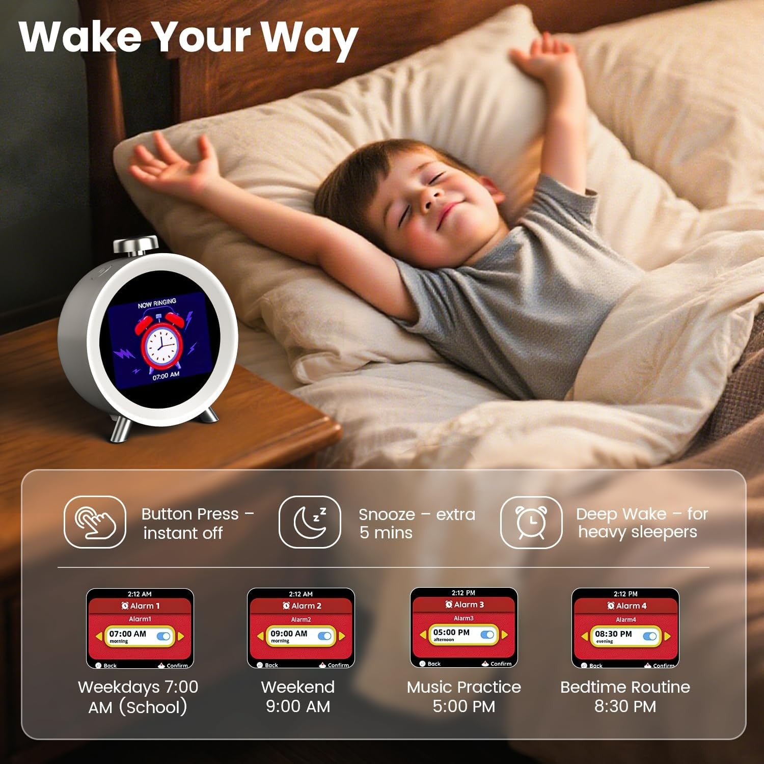Smart Digital Alarm Clock App Control Animated Display Temp Humidity Sensor